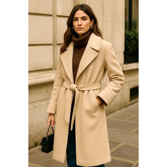 Neiman Marcus 4 Vintage 1970s CASHMERE Wrap Trench Coat Cozy Wide Lapel Tan - Picture 1 of 8